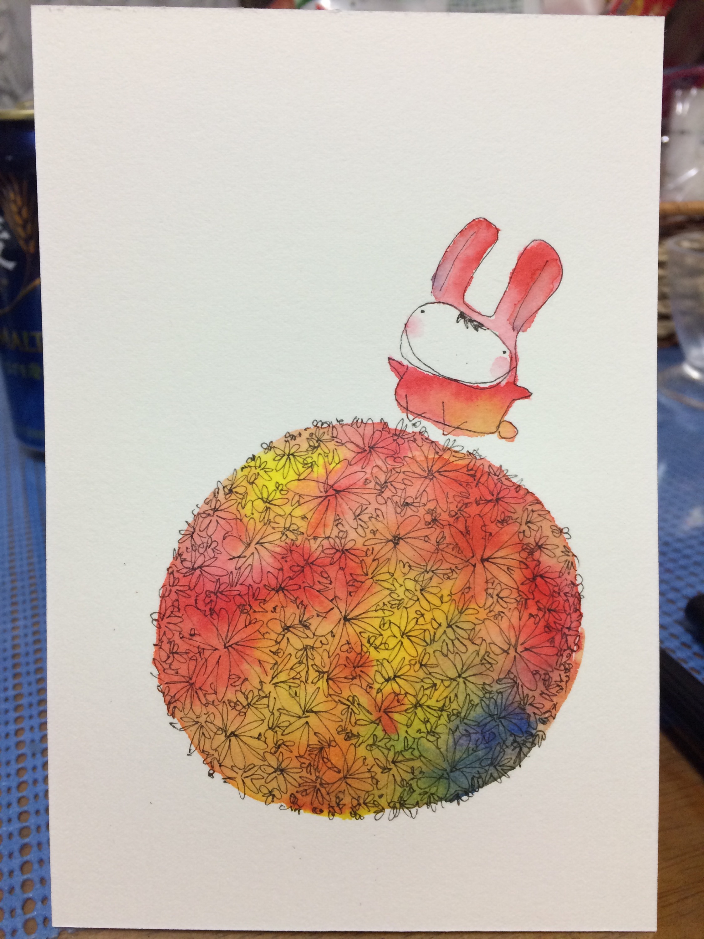 花とウサギのイラスト 筆ペン塗り絵 筆ペン編